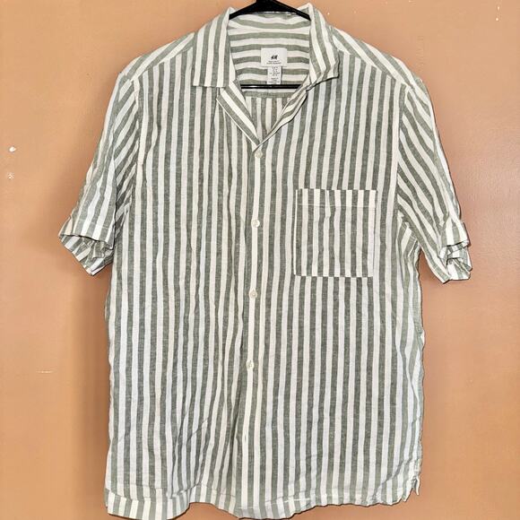 H&M Men's Linen Blend Short Sleeve Button Down T-Shirt Tee Green White - Medium - Picture 6 of 9